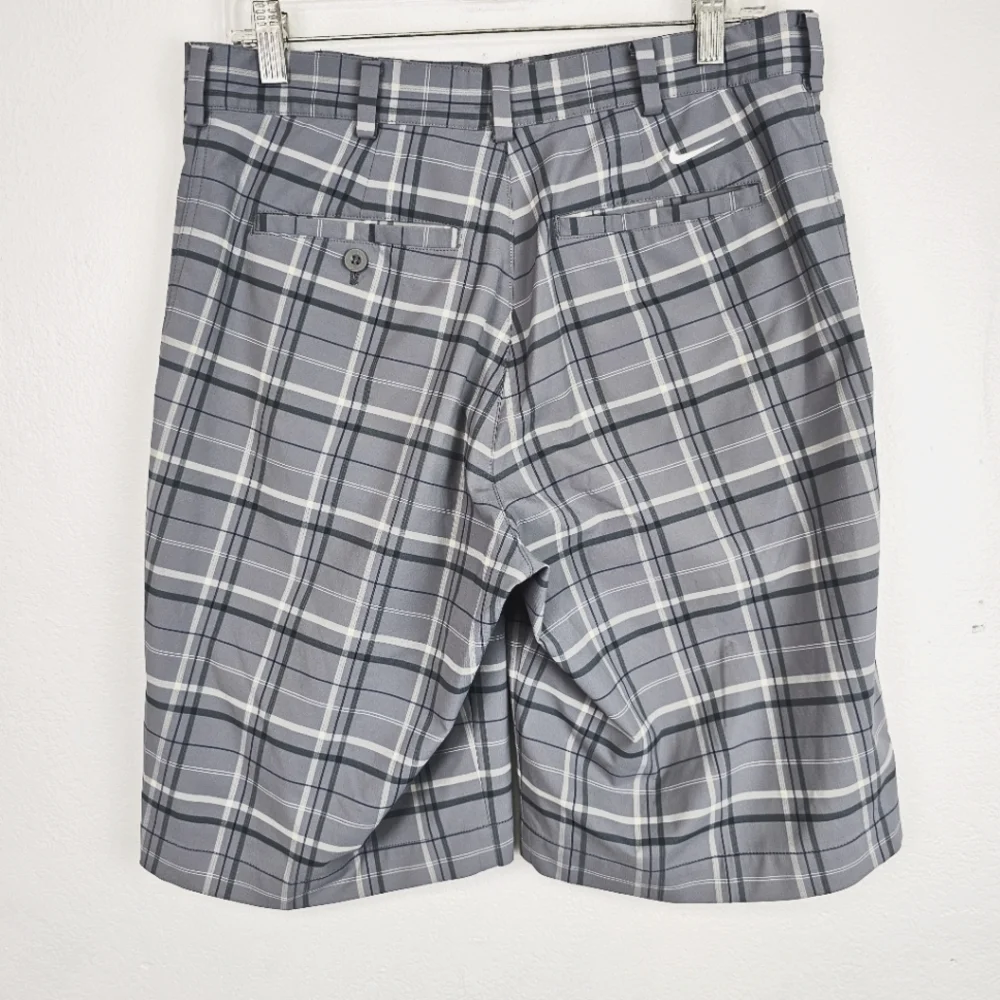 Nike Mens Shorts Gray Navy Plaid  Zip Front Sz 32 Activewear Golf Athleisure
